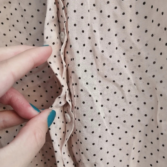Club Monaco 100% Silk Semi Sheer Pink Black Polka Dot Button Up Blouse Small - Picture 8 of 14
